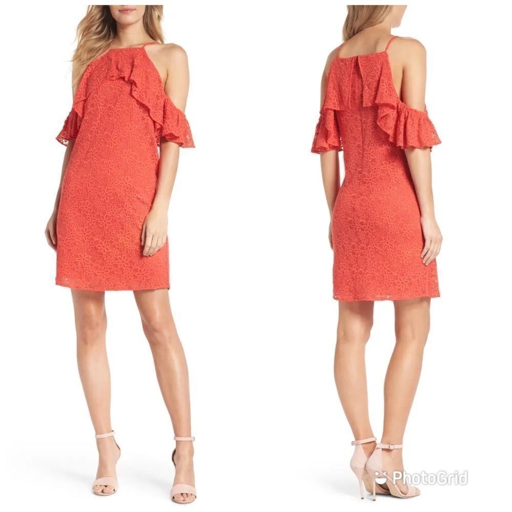 TRINA TURK Coral Off The Shoulder Lace Mini Dress Red‎ Orange Size Small New